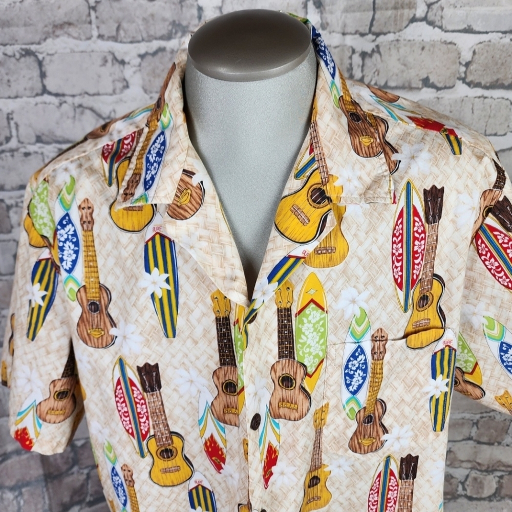 Vintage Hawaiian Camp Shirt Button Front Ukulele Surfboard Cream Size XXL - Picture 4 of 12